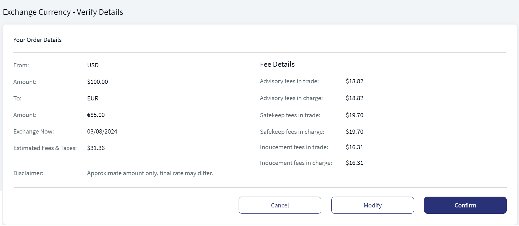 Exchange Currency Verification